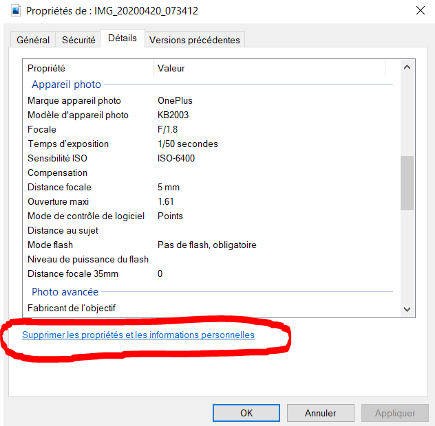 Supprimer métadonnées photo windows cybersécurité